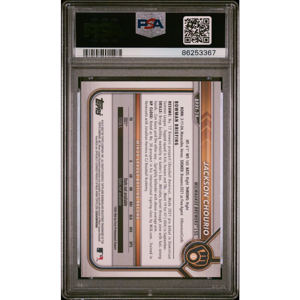 Graded 2022 Topps Bowman 1st Edition Jackson Chourio #BPPF79 Rookie RC Baseball Card PSA 10 Gem Mint | PSA 10 Gem Mint Graded Rookie Card | vintageantiquesgifts.com