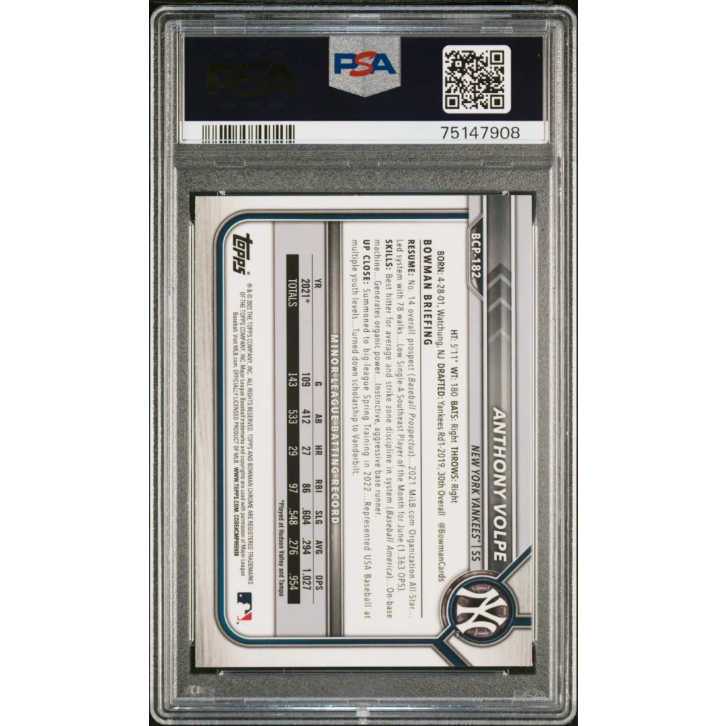 Graded 2022 Bowman Chrome Anthony Volpe Rookie Card in PSA holder