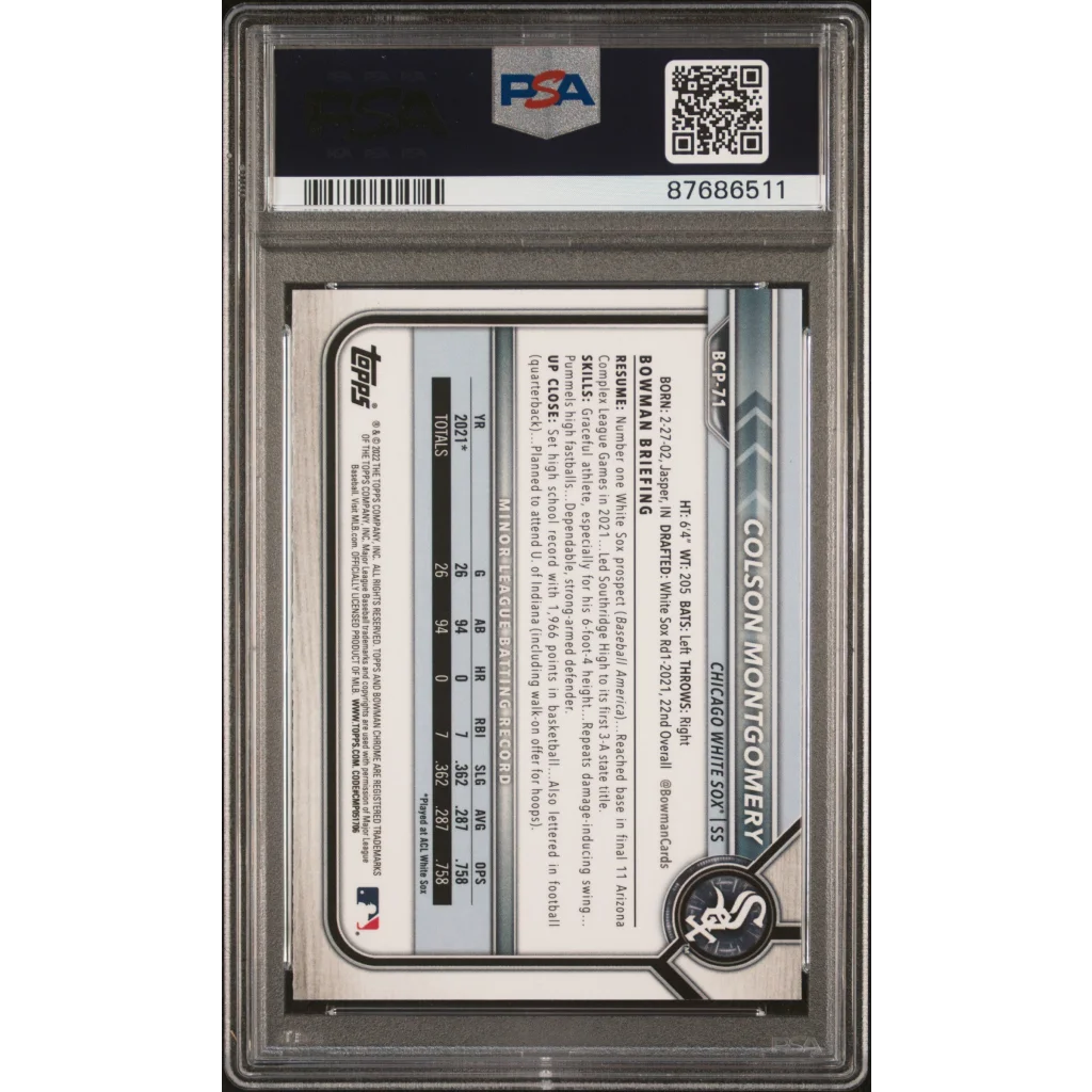PSA graded Colson Montgomery 2022 Bowman Chrome Prospect Card, baseball trading card