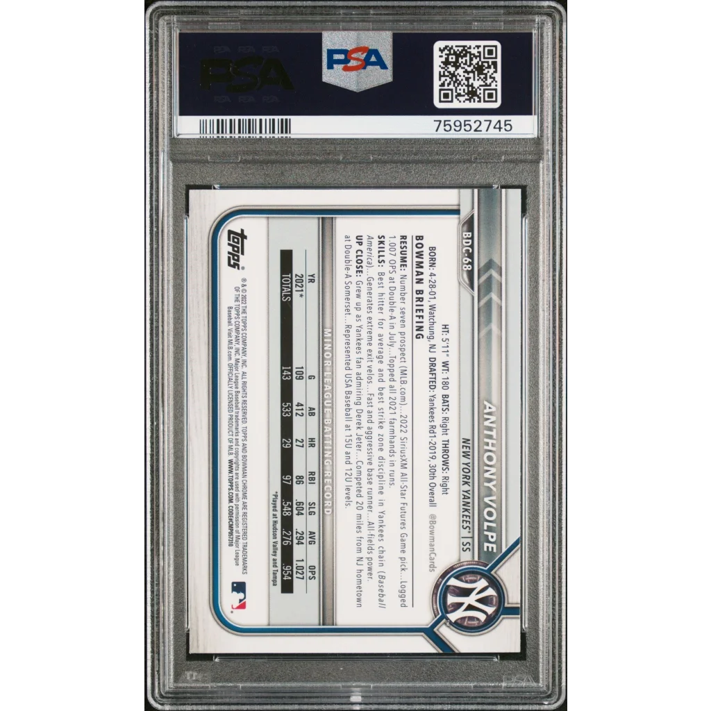 PSA 10 Graded 2022 Topps Bowman Draft Anthony Volpe Chrome Rookie Card