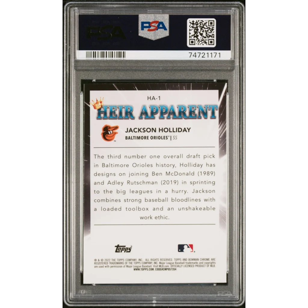 Graded 2022 Topps Bowman Draft Jackson Holliday #HA1 Heir Apparent Rookie RC Baseball Card PSA 10 Gem Mint | PSA 10 Gem Mint Graded Rookie Card | vintageantiquesgifts.com