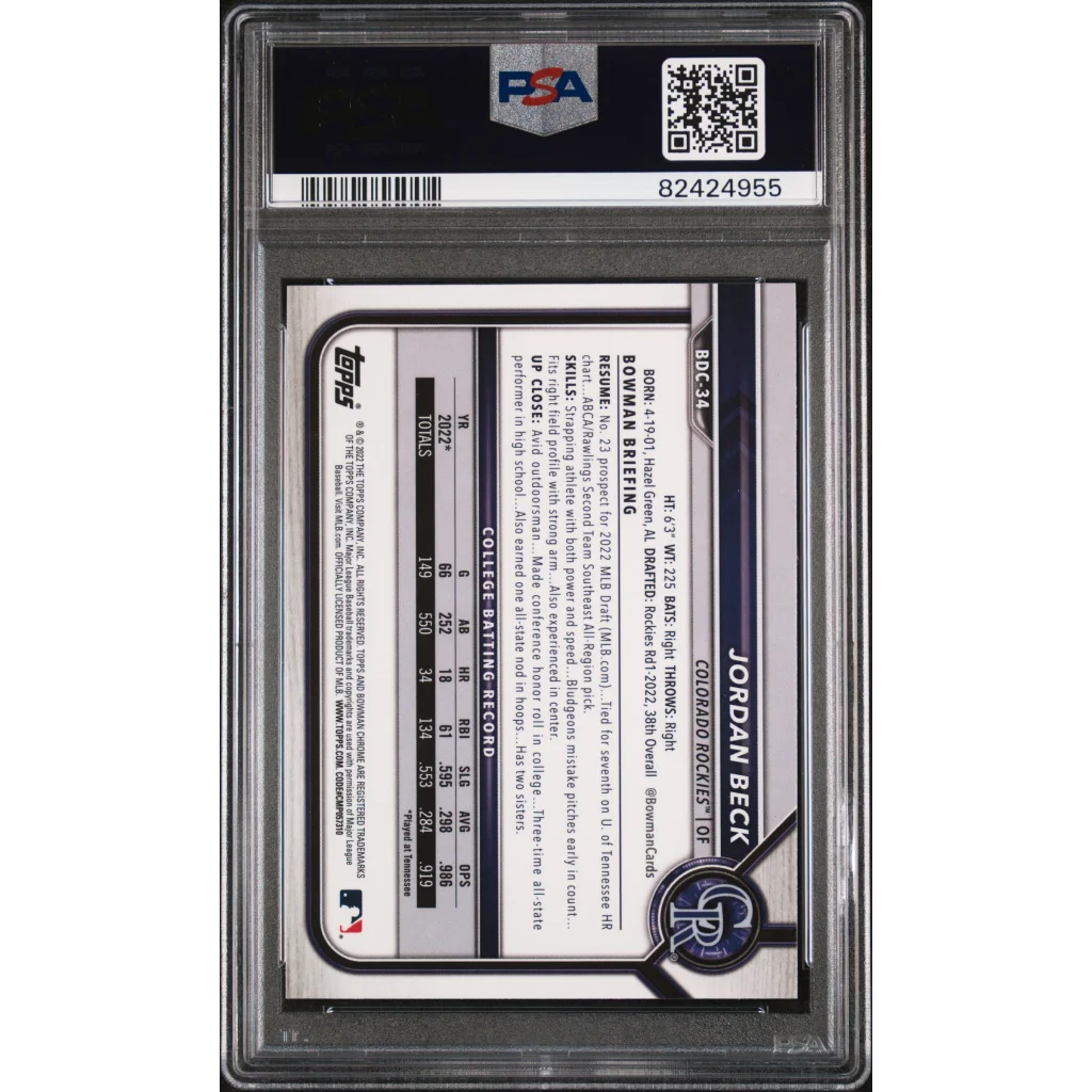 Graded PSA 10 Jordan Beck 2022 Topps Bowman Draft Chrome Rookie Card