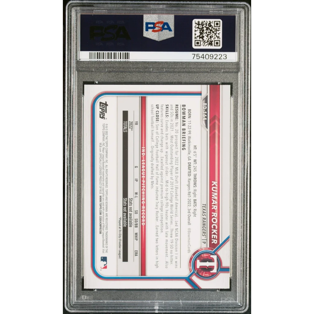 Graded 2022 Topps Bowman Draft Kumar Rocker #BD164 Rookie RC Baseball Card PSA 10 Gem Mint | PSA 10 Gem Mint Graded Rookie Card | vintageantiquesgifts.com