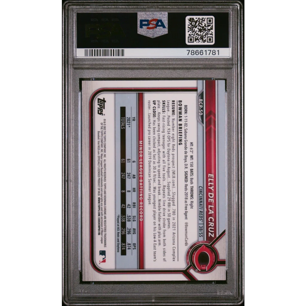 Graded 2022 Topps Bowman Elly De La Cruz #BCP50 Chrome Prospects Rookie RC Baseball Card PSA 10 Gem Mint | PSA 10 Gem Mint Graded Rookie Card | vintageantiquesgifts.com
