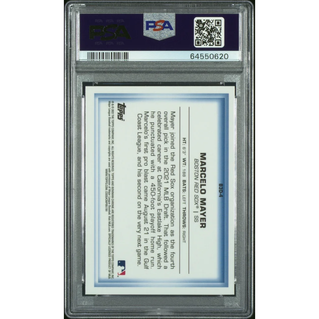 Graded 2022 Topps Bowman Marcelo Mayer #B3D4 Chrome Bowman in 3-D! Rookie RC Baseball Card PSA 10 Gem Mint | PSA 10 Gem Mint Graded Rookie Card | vintageantiquesgifts.com
