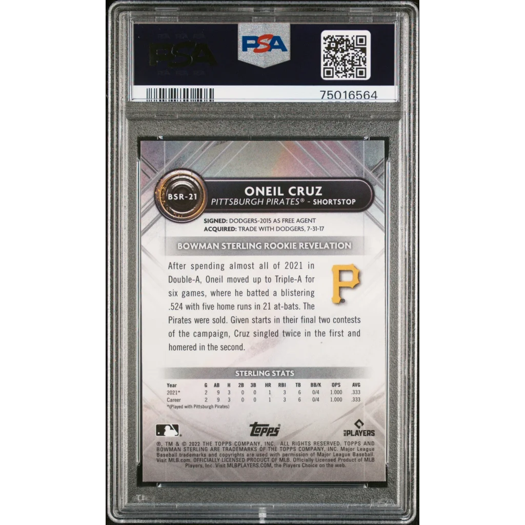 PSA grade Oneil Cruz 2022 Bowman Sterling baseball card on display