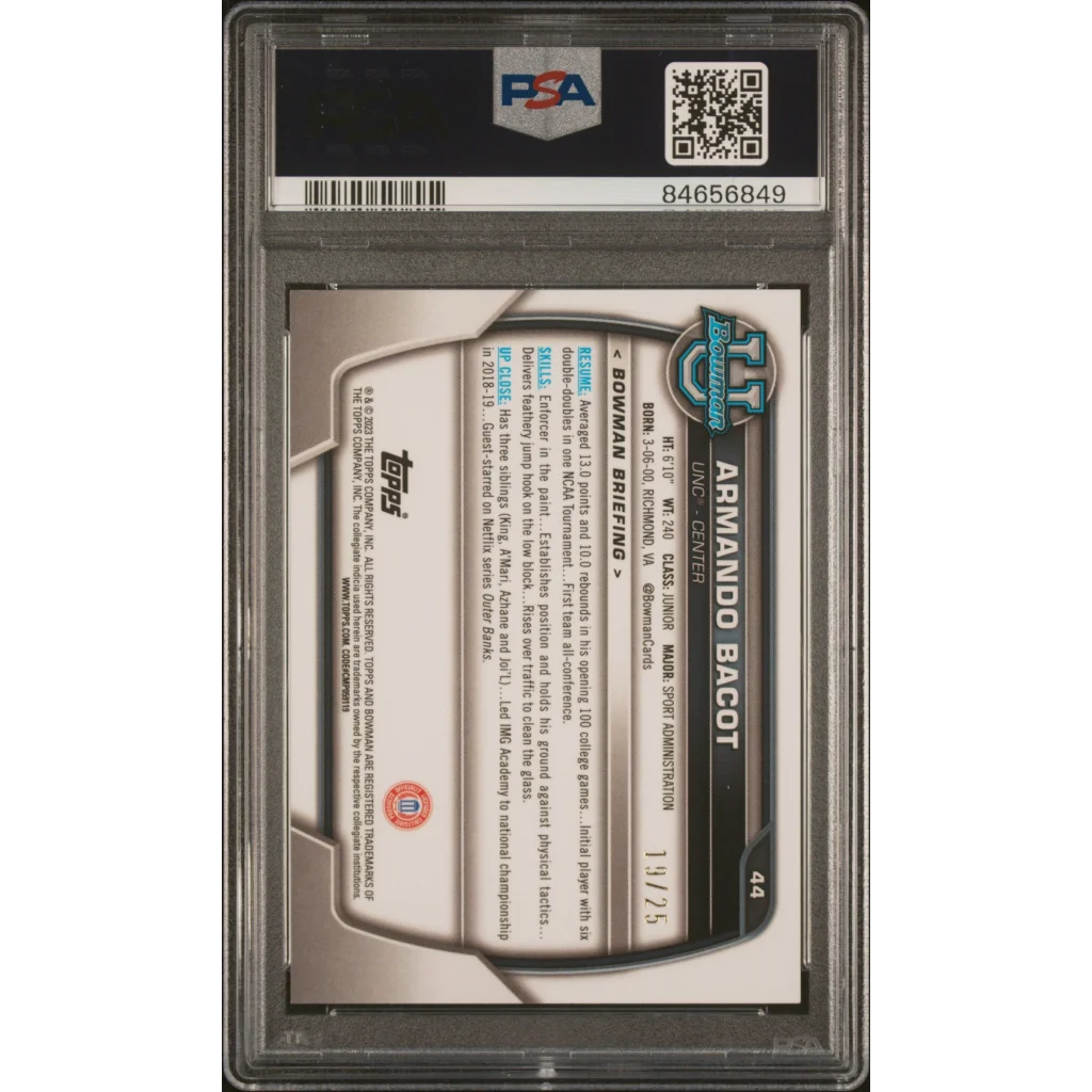 Graded PSA 10 2022 Topps Bowman University Armando Bacot Orange Refractor Rookie Card