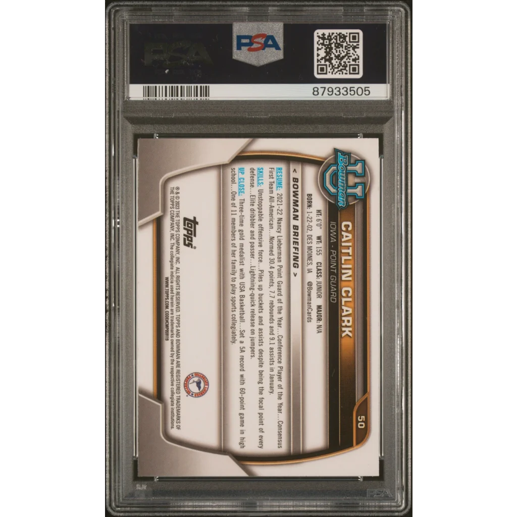 PSA graded Caitlin Clark pink refractor card in gold white sleeve