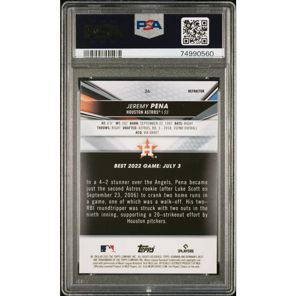 PSA 10 Graded 2022 Topps Bowman Best Jeremy Pena Refractor Rookie Card