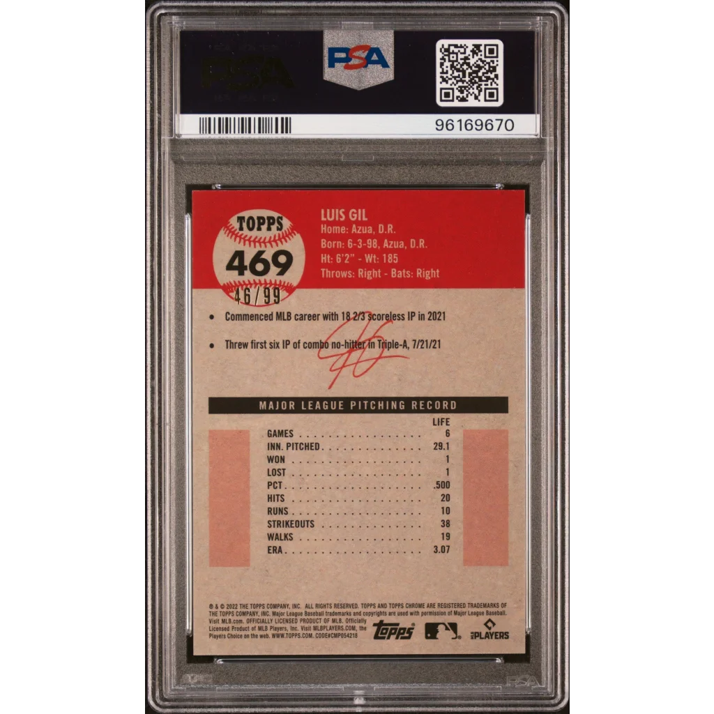 Graded 2022 Topps Platinum Anniversary Luis Gil #469 Green Wave Refractor #/99 Rookie RC Baseball Card PSA 10 Gem Mint | PSA 10 Gem Mint Graded Rookie Card | vintageantiquesgifts.com