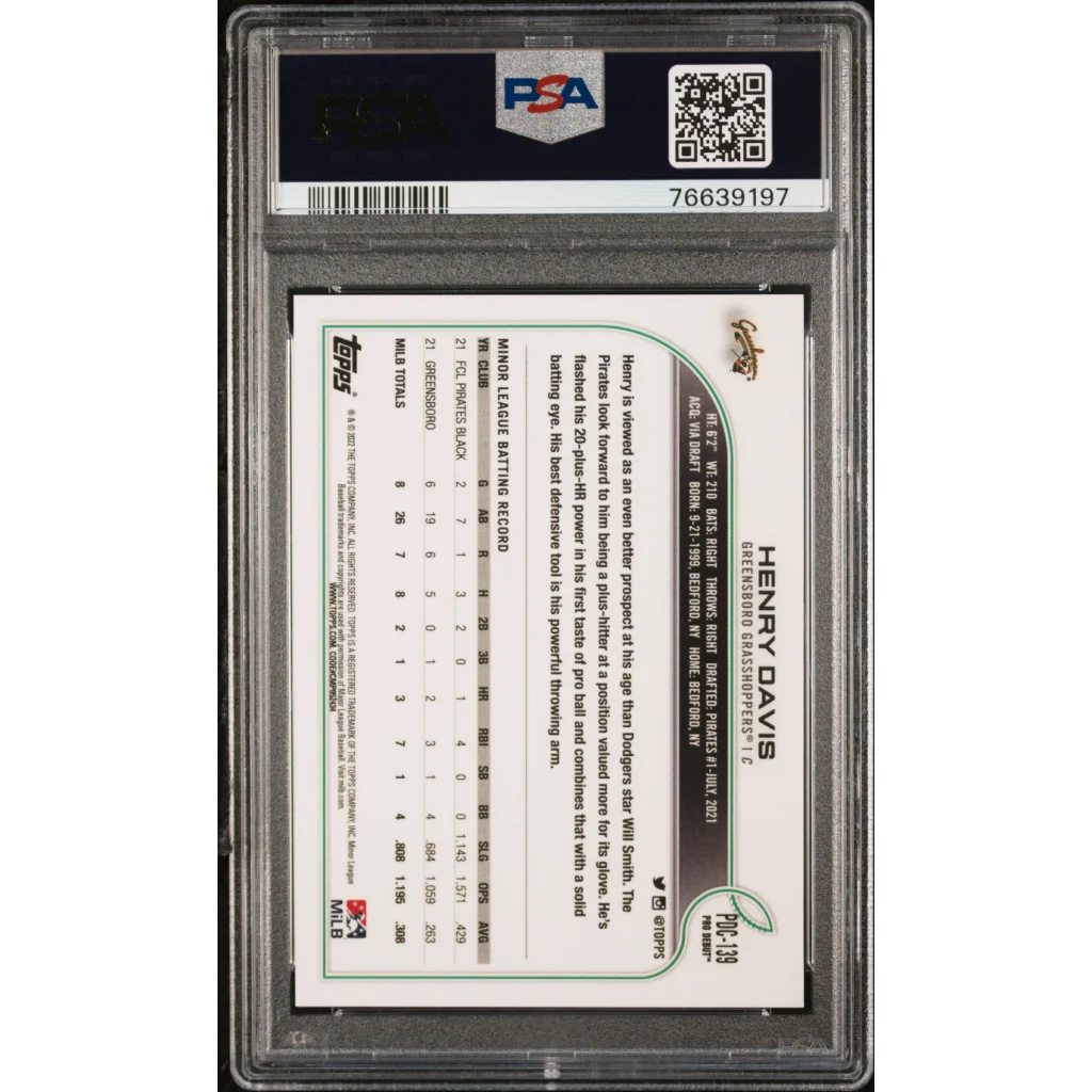 PSA Graded 2022 Topps Henry Davis Chrome Rookie Card in clear plastic case