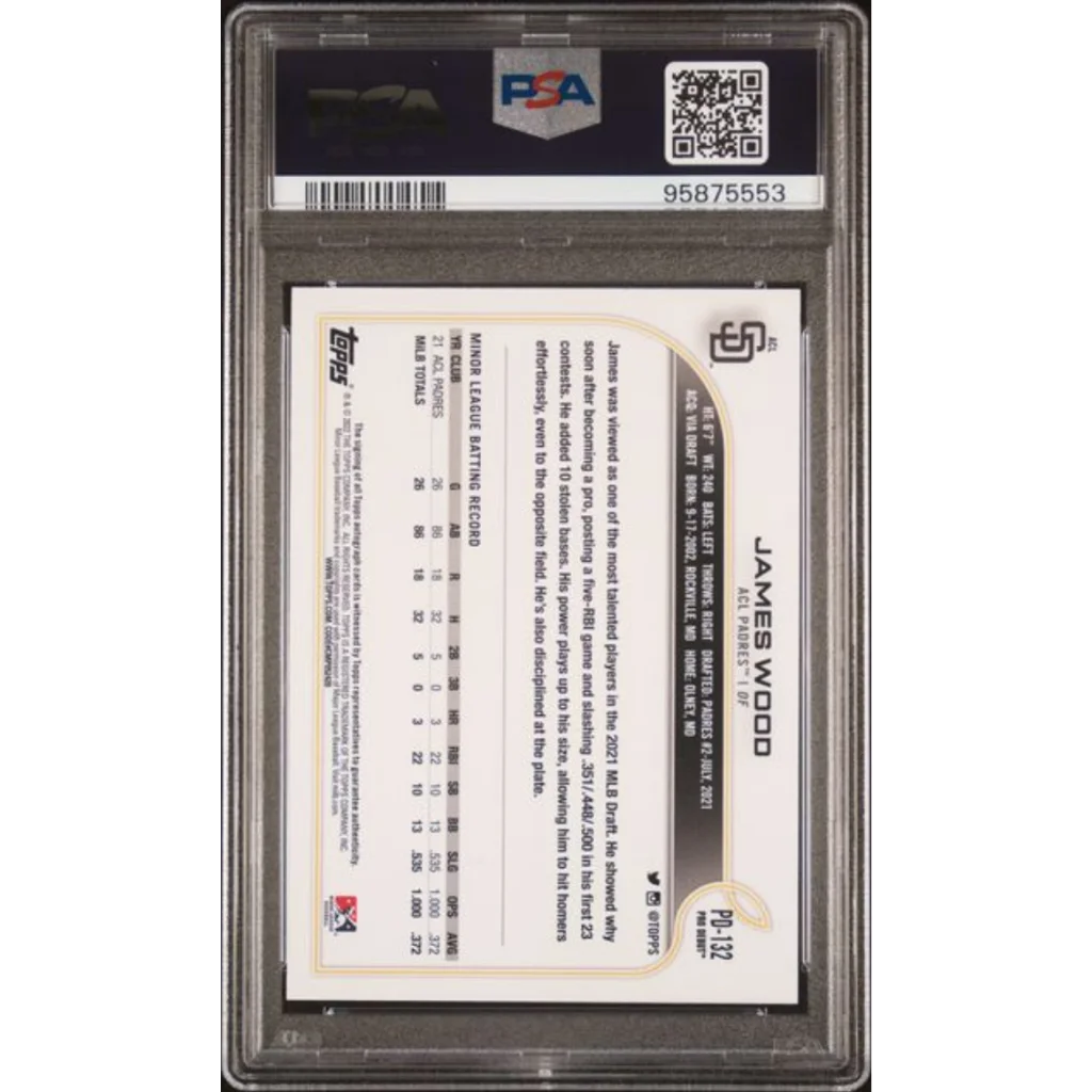 Back of graded 2022 Topps Pro Debut James Wood PSA 10 autograph rookie card