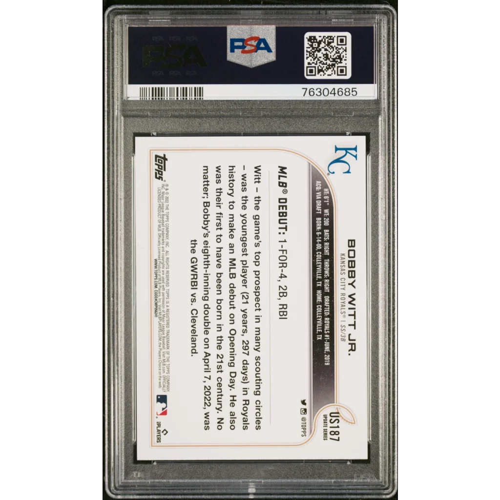 Graded 2022 Topps Update Bobby Witt Jr. #US187 Rookie RC Baseball Card PSA 10 Gem Mint | PSA 10 Gem Mint Graded Rookie Card | vintageantiquesgifts.com