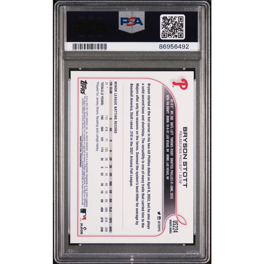 Graded 2022 Topps Update Bryson Stott #US224 Rookie RC Baseball Card PSA 10 Gem Mint | PSA 10 Gem Mint Graded Rookie Card | vintageantiquesgifts.com