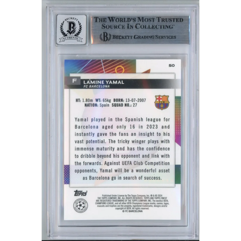 Graded 2023-24 Topps Finest UCC Lamine Yamal #50 Signed Rookie RC Soccer Card Beckett BAS BGS Auto 10 | BGS Auto 10 Graded Rookie Soccer Card | vintageantiquesgifts.com
