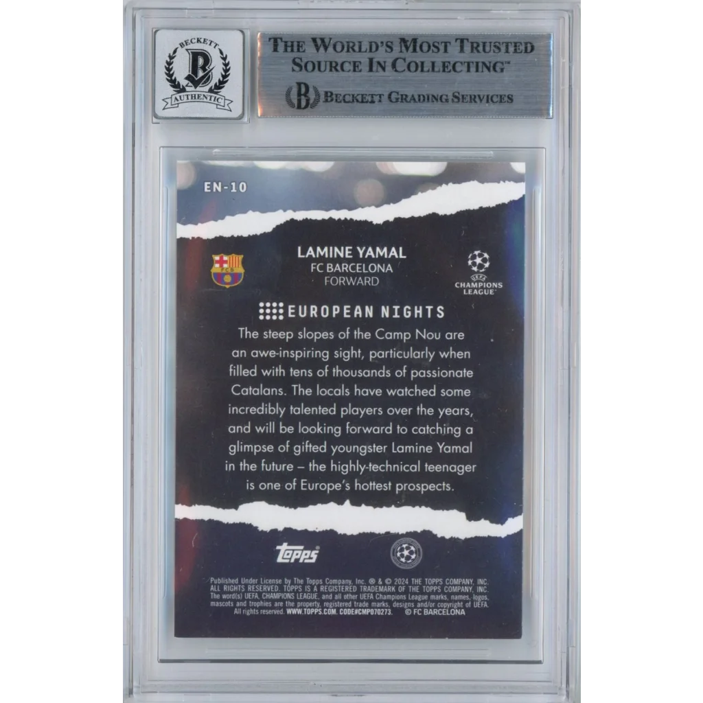 Graded 2023-24 Topps UCC Lamine Yamal #EN10 European Nights Signed Rookie RC Soccer Card Beckett BAS BGS Auto 10 | BGS Auto 10 Graded Rookie Soccer Card | vintageantiquesgifts.com