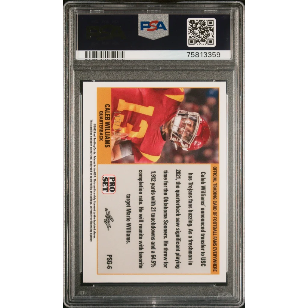 PSA graded Caleb Williams 2023 Leaf Pro Set Gold football card on display