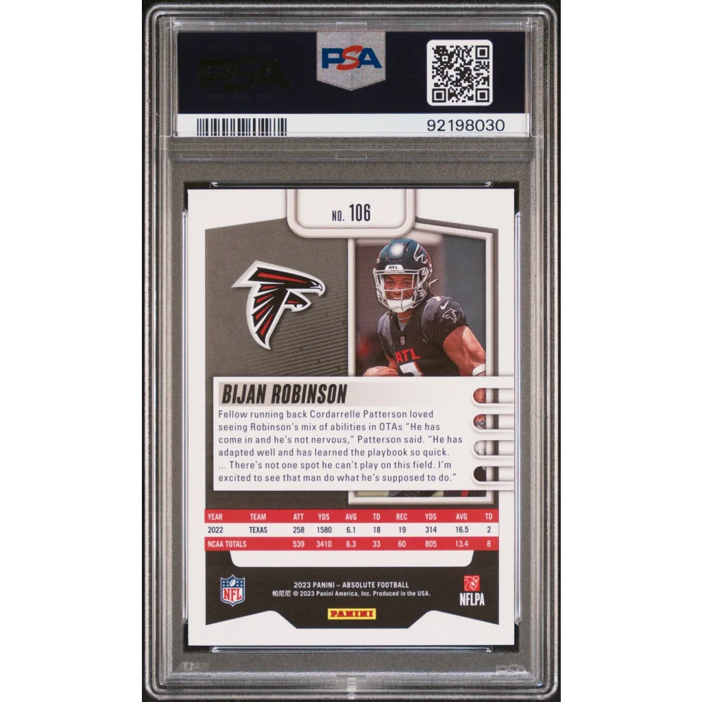 PSA Graded 2023 Absolute Bijan Robinson Football Trading Card on display