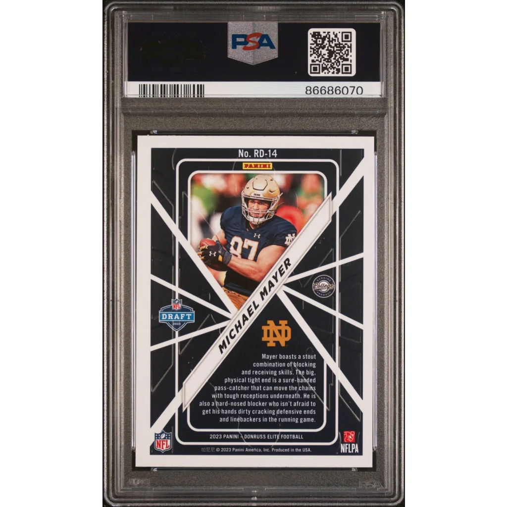 PSA Graded Michael Mayer Rookie On Deck Elite Football Trading Card on display