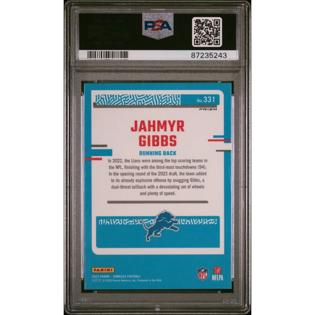 PSA Graded Jahmyr Gibbs Pink Optic Rookie Card football trading card image