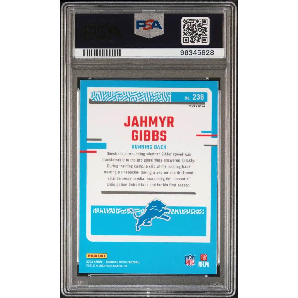 Graded 2023 Panini Donruss Optic Jahmyr Gibbs #236 Purple Shock Rookie RC Football Card PSA 10 Gem Mint | PSA 10 Gem Mint Graded Rookie Card | vintageantiquesgifts.com
