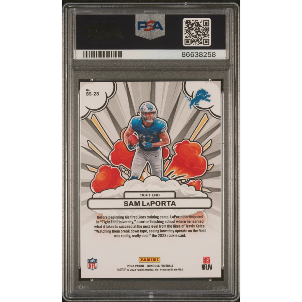 Graded 2023 Panini Donruss Sam LaPorta #BS28 Bomb Squad Rookie RC Football Card PSA 10 Gem Mint | PSA 10 Gem Mint Graded Rookie Card | vintageantiquesgifts.com