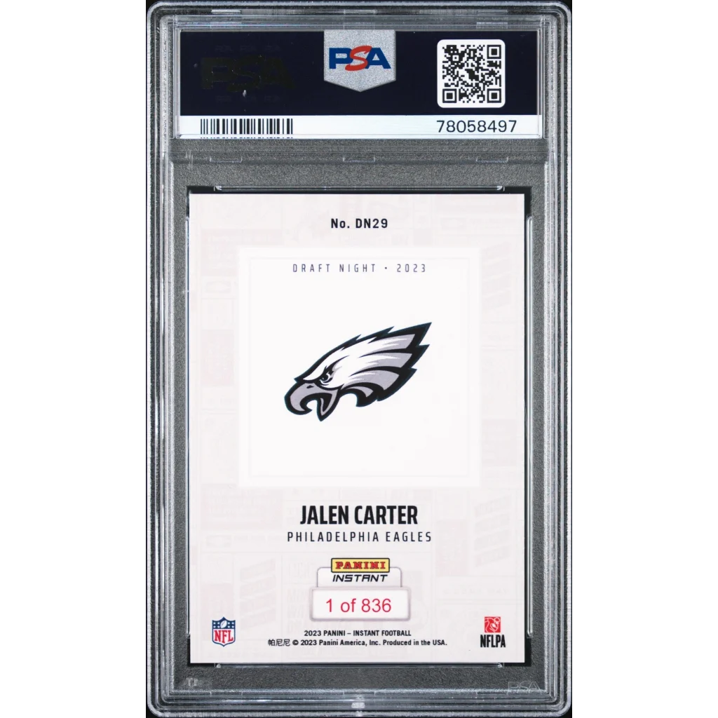 Graded 2023 Panini Instant Jalen Carter #DN29 NFL Draft Night Rookie RC Football Card PSA 10 | PSA 10 Gem Mint Graded Rookie Card | vintageantiquesgifts.com