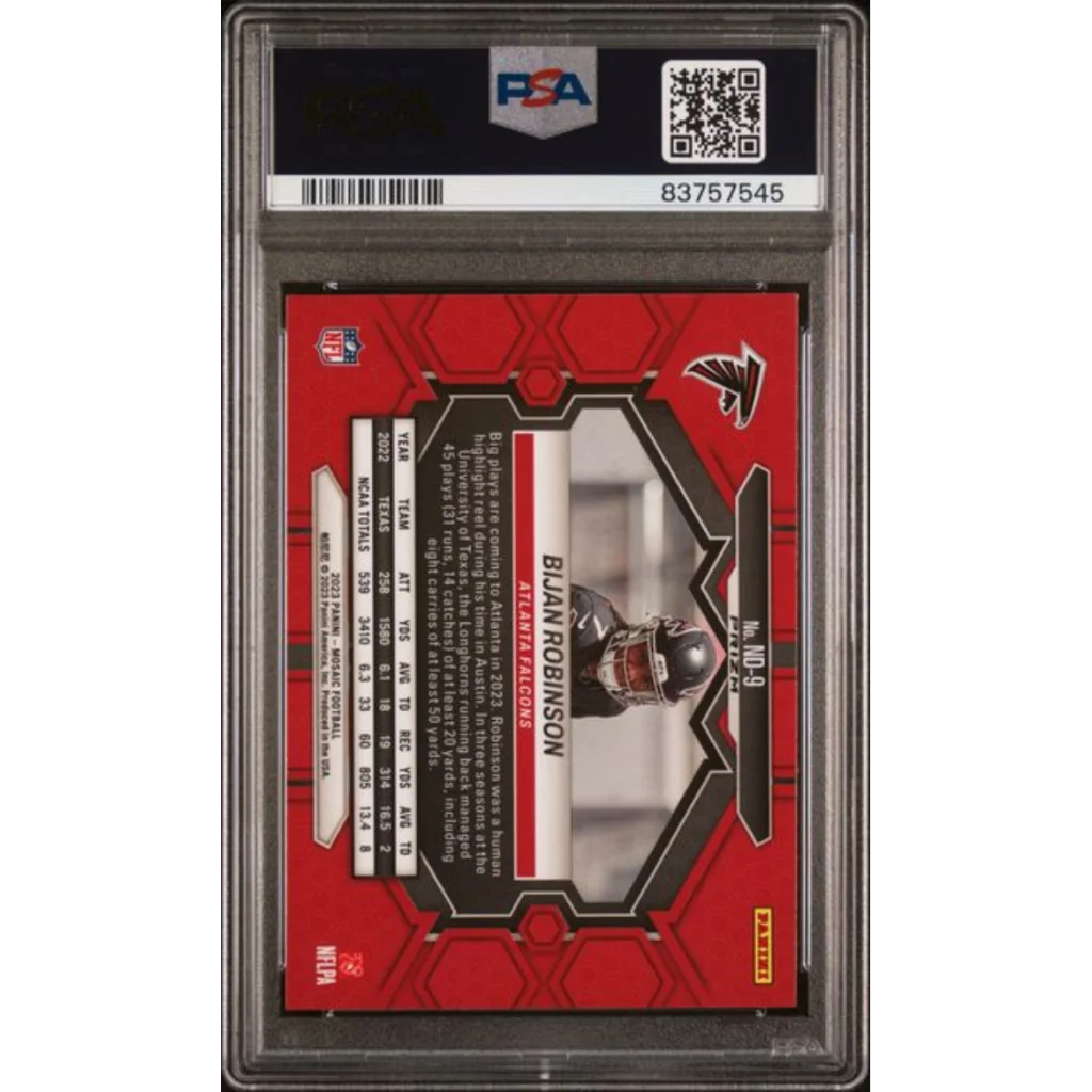 Graded 2023 Panini Mosaic Bijan Robinson #ND9 Silver Rookie RC Football Card PSA 10 Gem Mint | PSA 10 Gem Mint Graded Rookie Card | vintageantiquesgifts.com