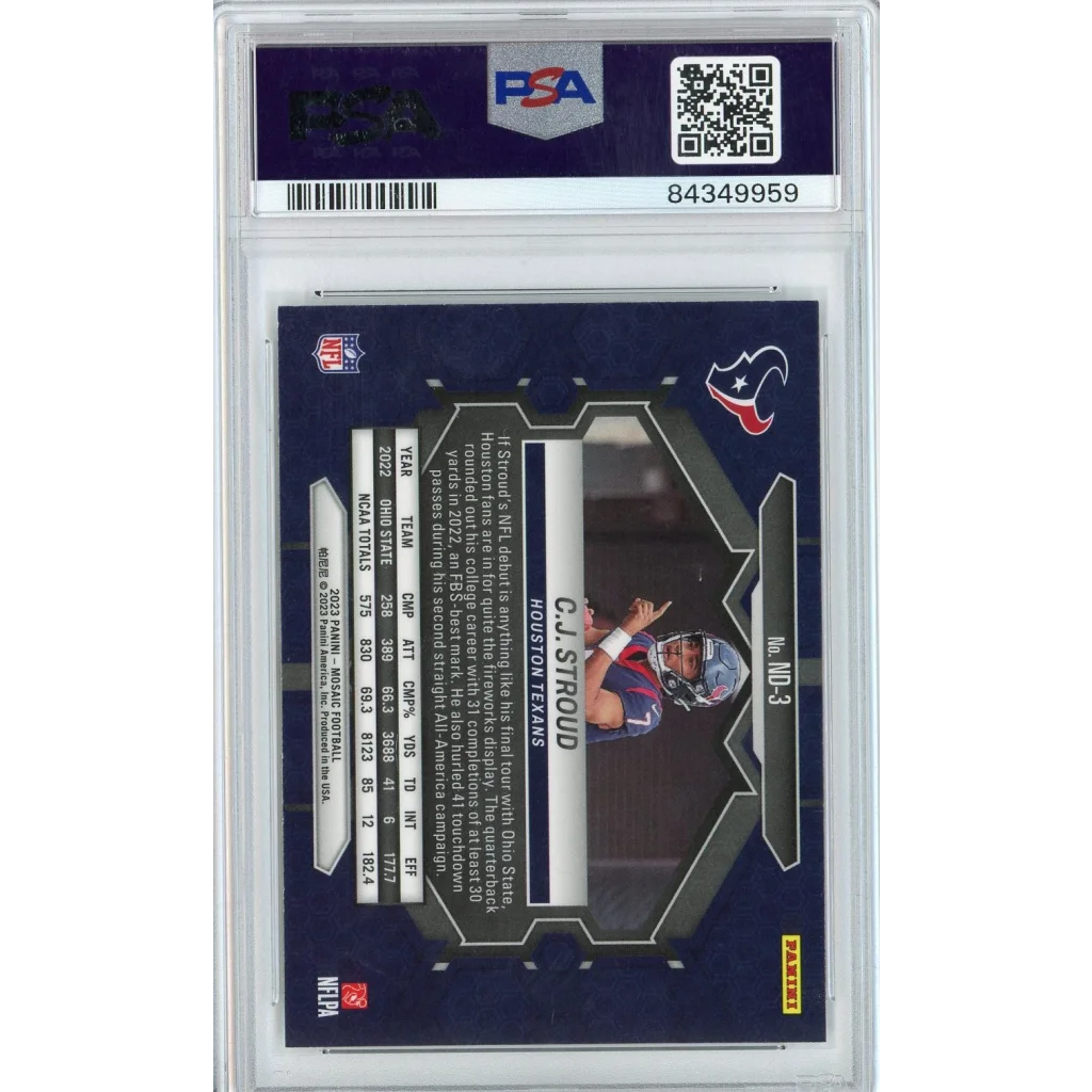 Graded 2023 Panini Mosaic CJ Stroud #ND3 NFL Debut Rookie RC Football Card PSA 10 Gem Mint | PSA 10 Gem Mint Graded Rookie Card | vintageantiquesgifts.com