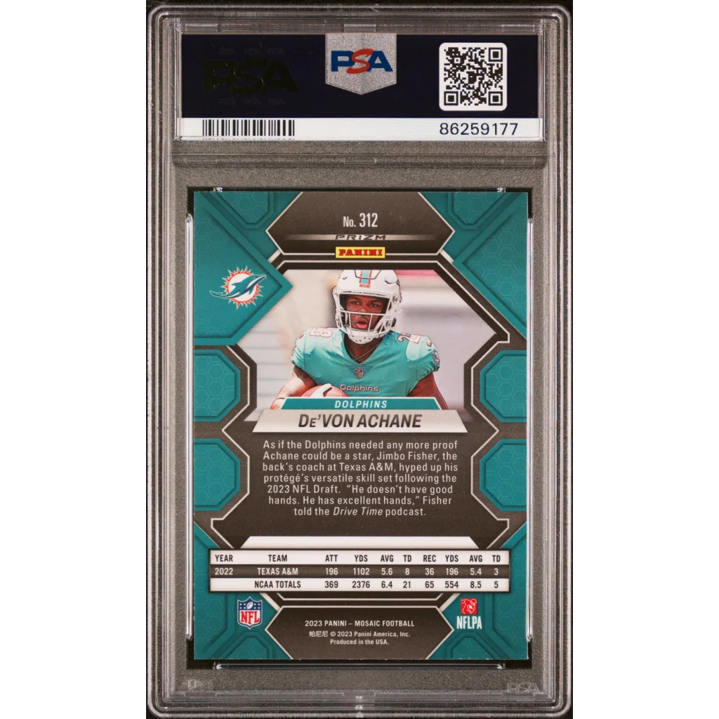 PSA 10 Graded 2023 Panini Mosaic De’Von Achane #312 Green Rookie Dolphins RC Card