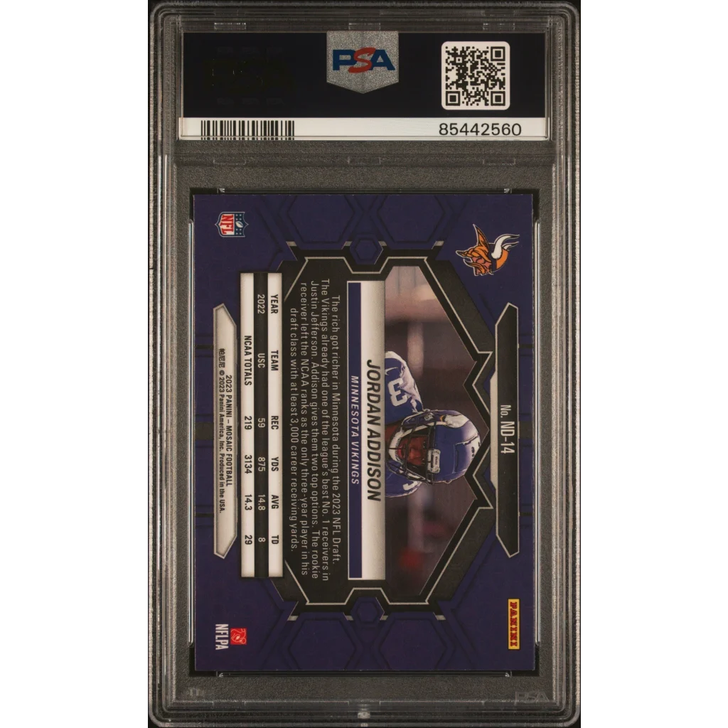 Graded 2023 Panini Mosaic Jordan Addison #ND14 NFL Debut Rookie RC Football Card PSA 10 Gem Mint | PSA 10 Gem Mint Graded Rookie Card | vintageantiquesgifts.com