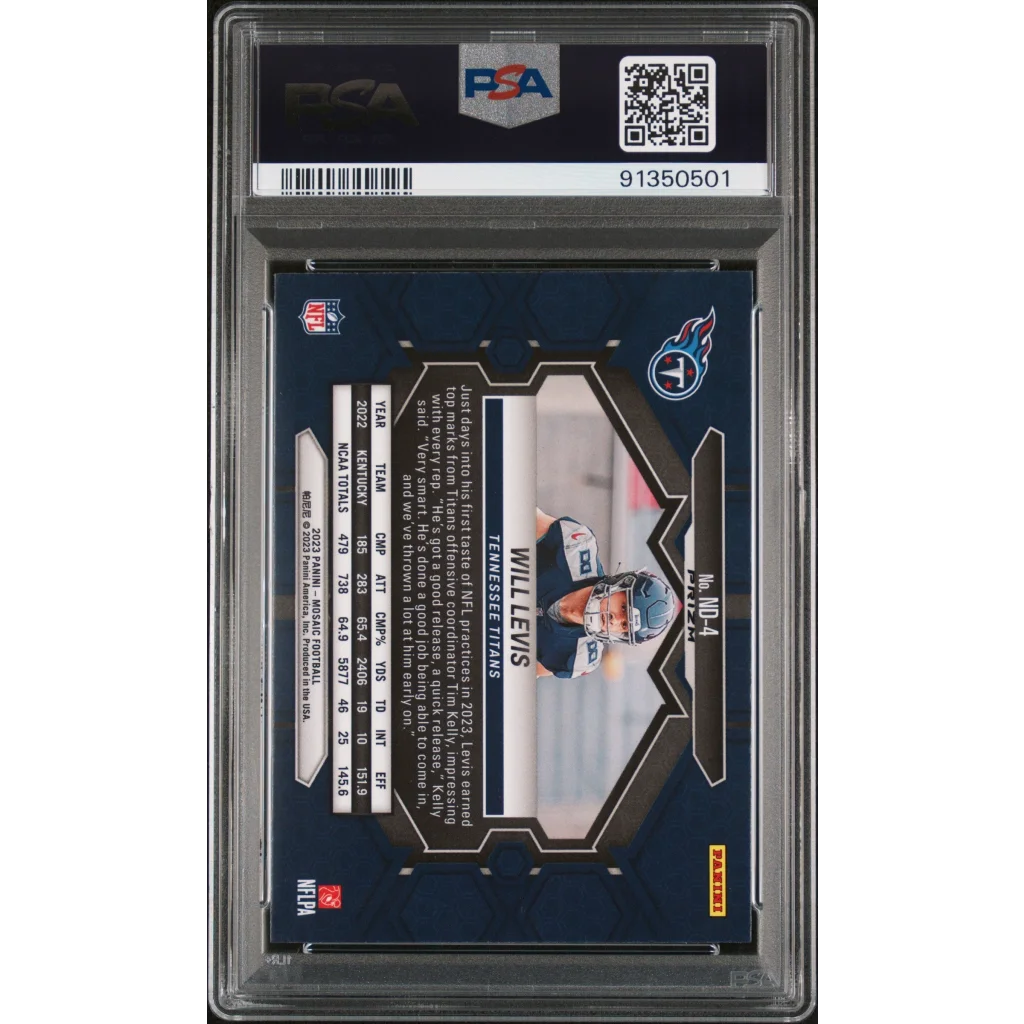Graded Will Levis Tennessee Titans football card in protective slab from PSA 2023 Mosaic Debut Blue