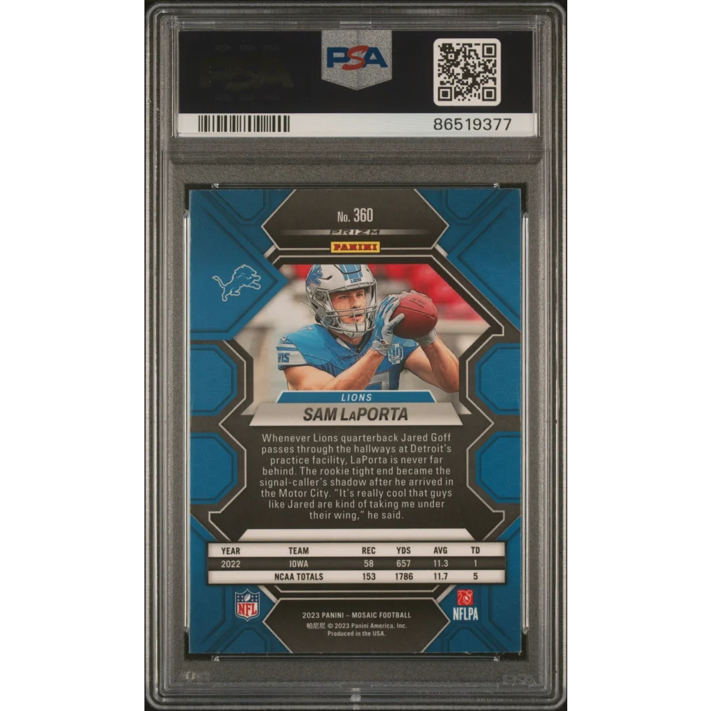PSA Graded 2023 Mosaic Sam LaPorta Rookie Football Card on display