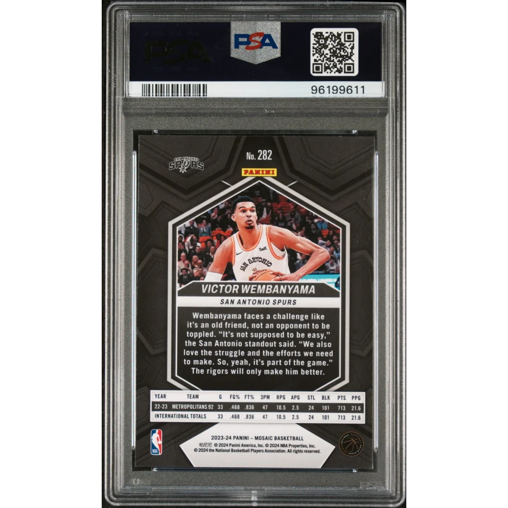 Graded 2023 Panini Mosaic Victor Wembanyama #282 Rookie RC PSA 10 Gem Mint card in black and silver design, encased in protective holder