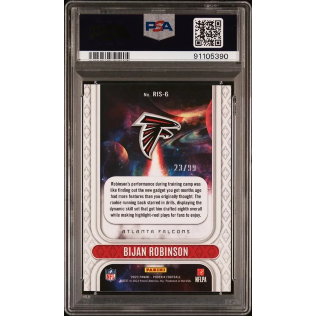 Graded 2023 Panini Phoenix Bijan Robinson #RIS6 Rookie Rising Orange /99 Rookie RC Football Card PSA 10 Gem Mint | PSA 10 Gem Mint Graded Rookie Card | vintageantiquesgifts.com