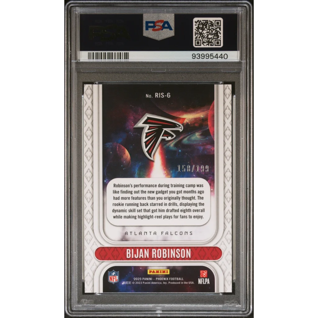 Graded Bijan Robinson Phoenix Rookie Rising Red Football Card in product display