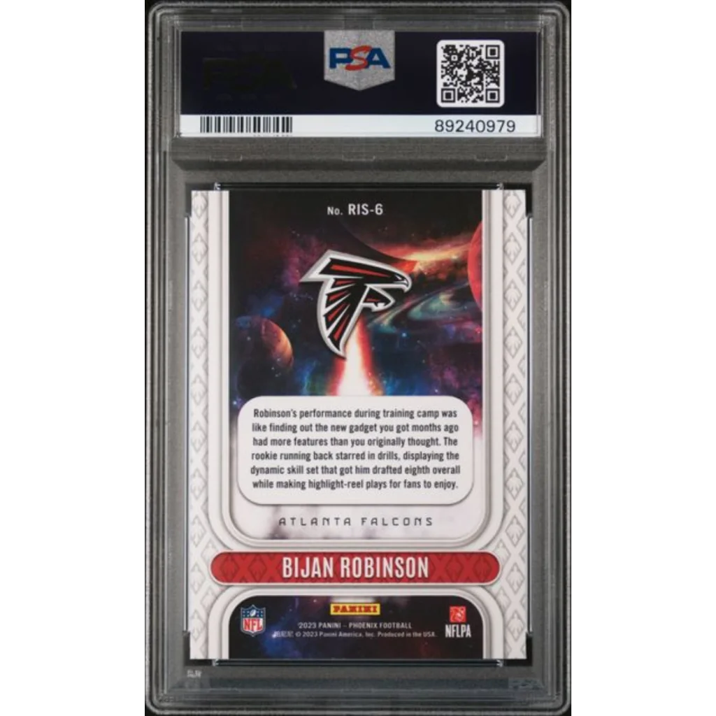 Graded 2023 Panini Phoenix Bijan Robinson #RIS6 Rookie Rising White Shimmer Rookie RC Football Card PSA 10 Gem Mint | PSA 10 Gem Mint Graded Rookie Card | vintageantiquesgifts.com