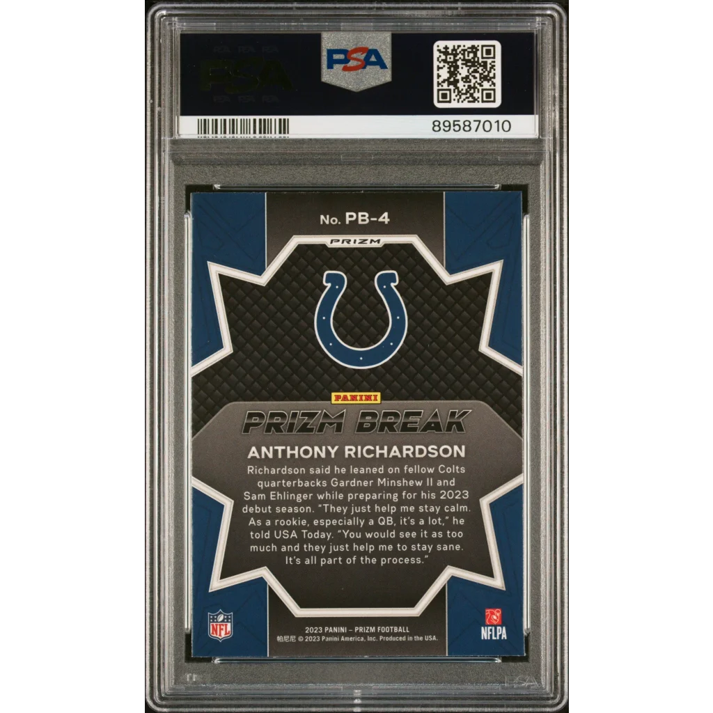 Graded 2023 Panini Prizm Anthony Richardson #PB4 Prizm Break Green Ice Rookie RC Football Card PSA 10 Gem Mint | PSA 10 Gem Mint Graded Rookie Card | vintageantiquesgifts.com