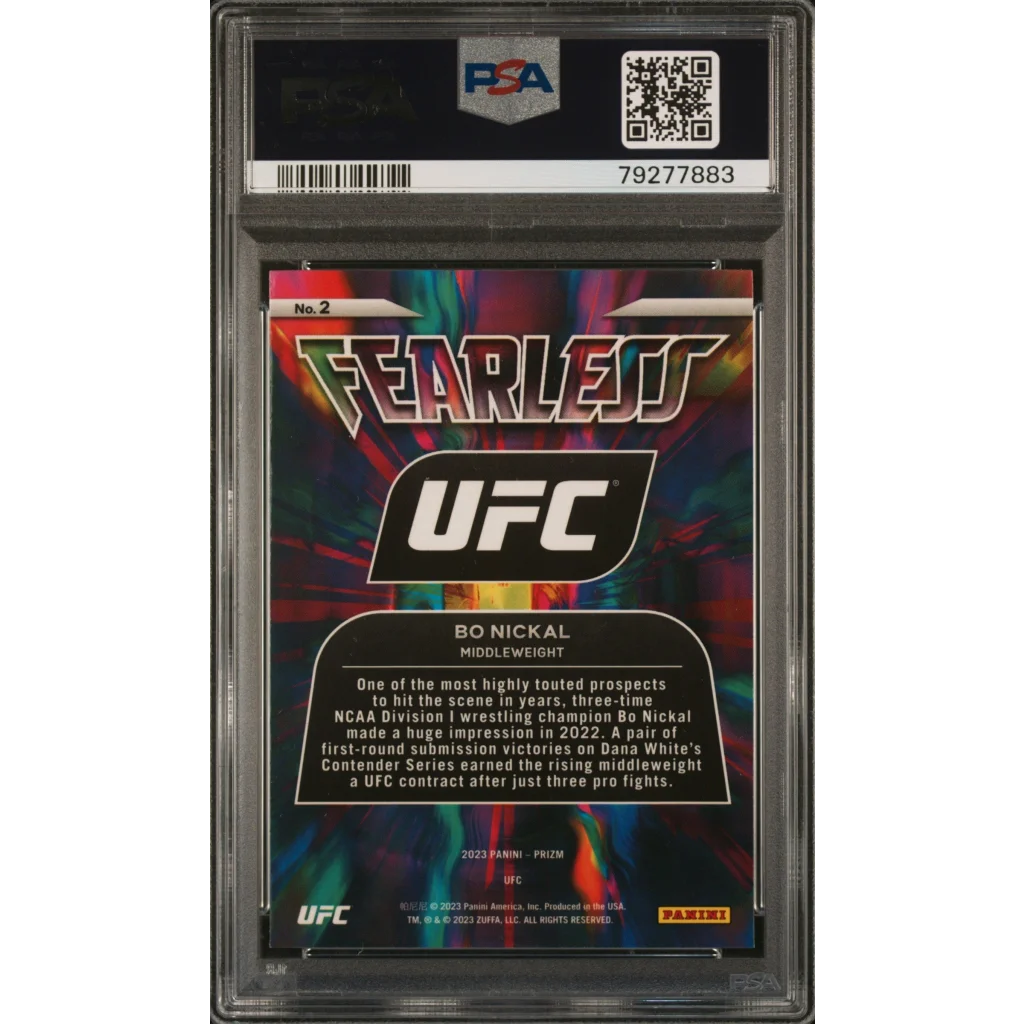 Graded PSA 10 2023 Panini Prizm Bo Nickal Fearless UFC Rookie Card in slab