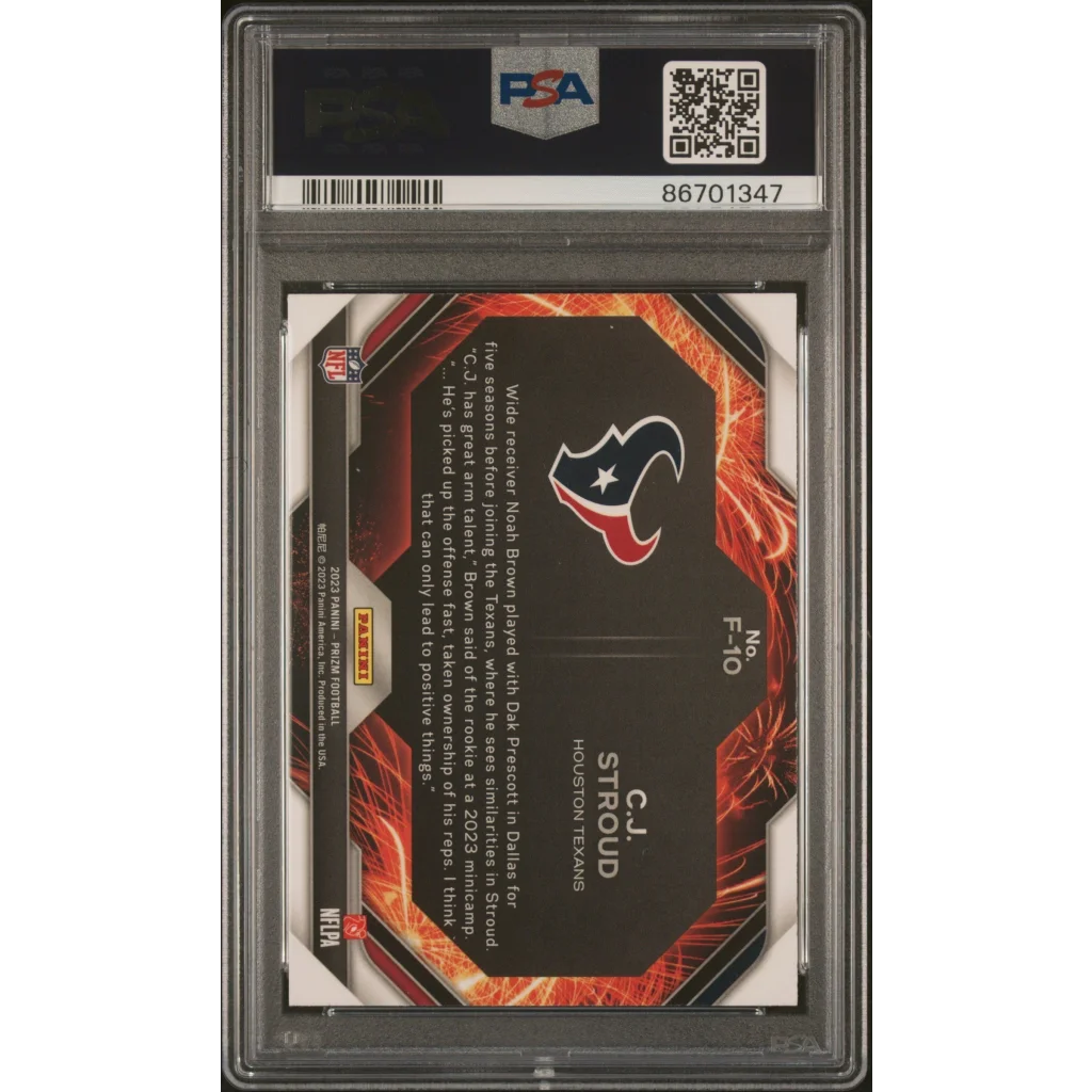 PSA 10 graded 2023 Panini Prizm CJ Stroud Fireworks rookie card in black red flame design sleeve