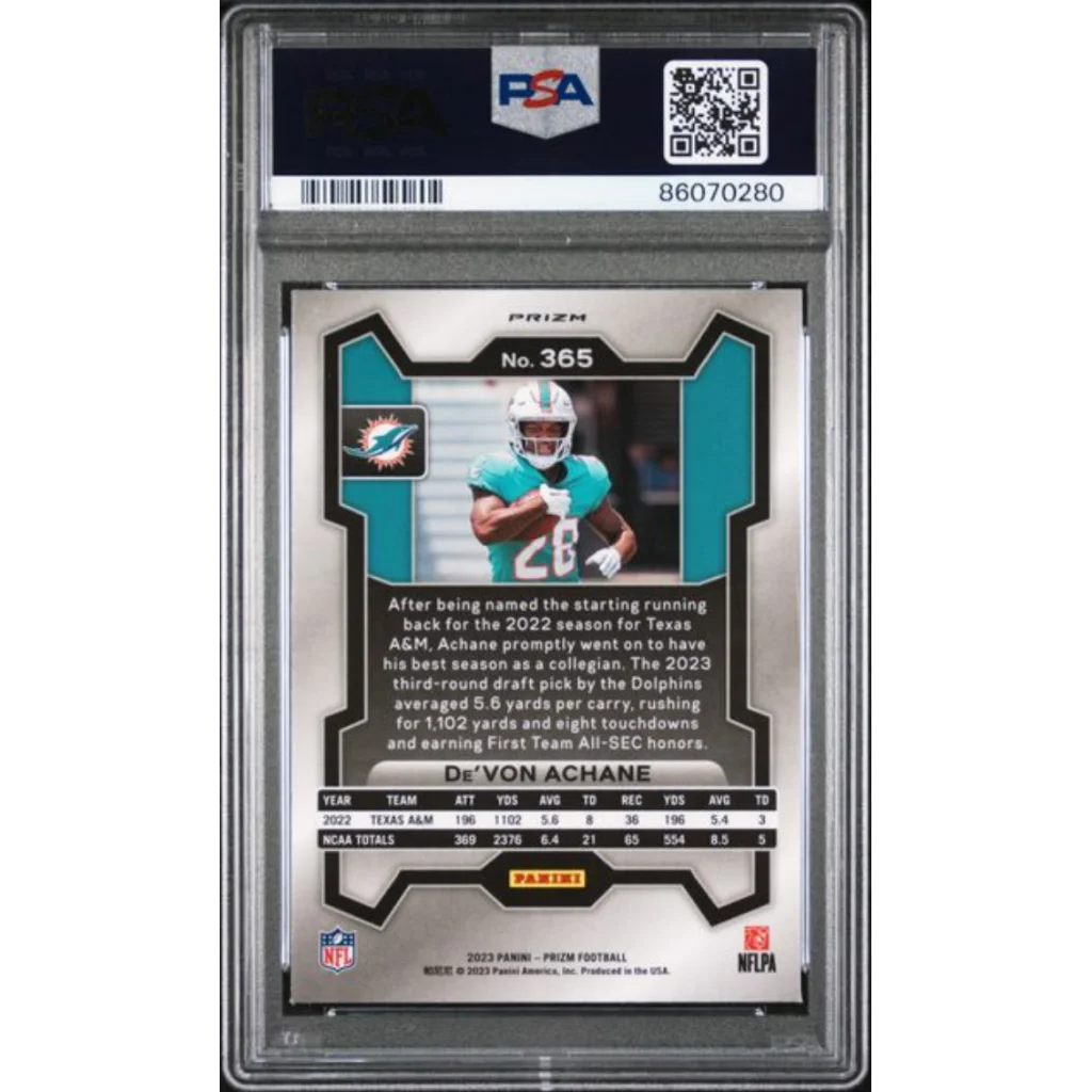 Graded 2023 Panini Prizm Devon Achane #365 Lazer Rookie RC Football Card PSA 10 Gem Mint | PSA 10 Gem Mint Graded Rookie Card | vintageantiquesgifts.com