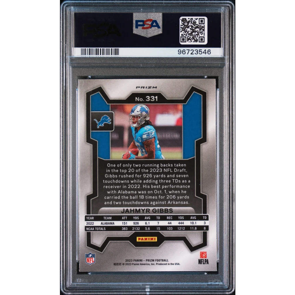 Graded PSA 10 2023 Panini Prizm Jahmyr Gibbs Green Rookie RC Card