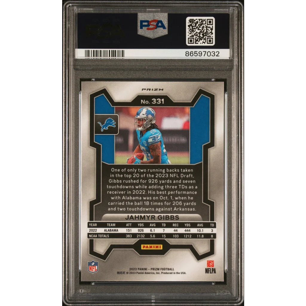 Graded PSA 10 2023 Panini Prizm Jahmyr Gibbs Neon Green Pulsar Rookie RC Card
