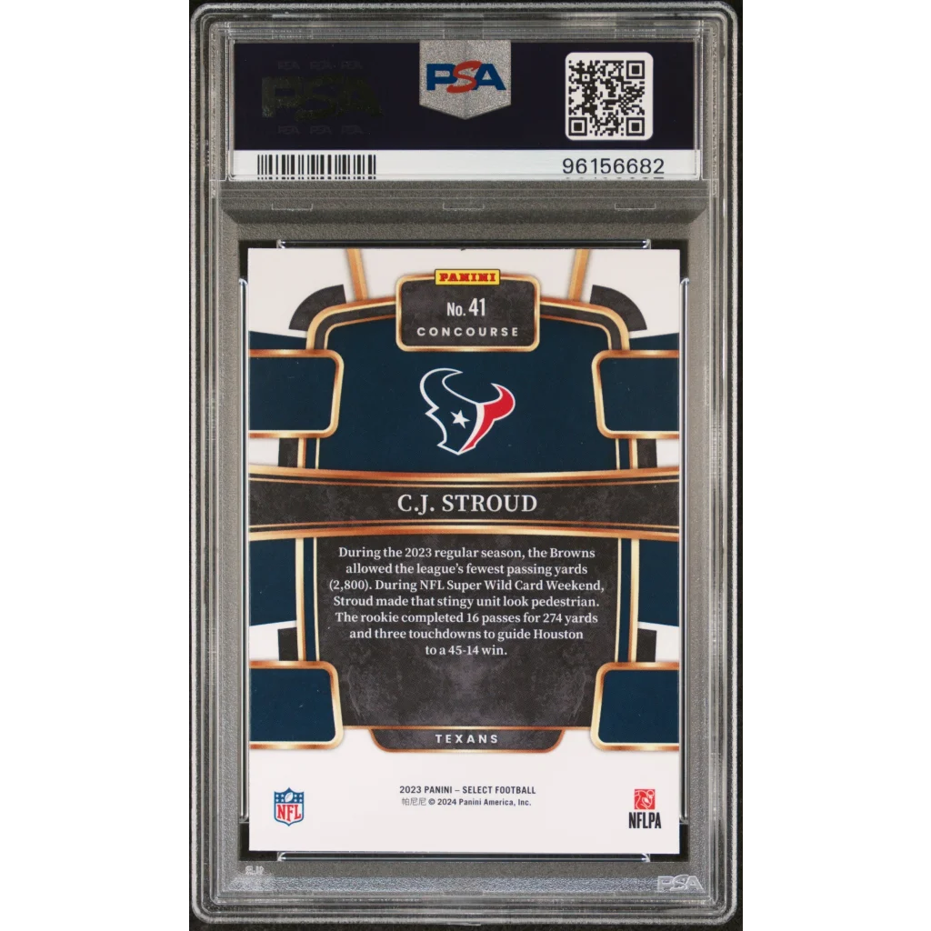 Back of a graded C.J. Stroud Panini Select football card in a professional sports authenticator case