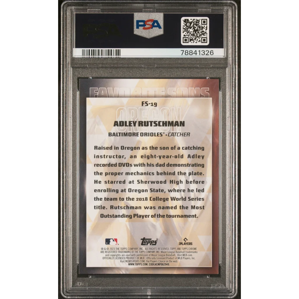 Graded 2023 Topps Adley Rutschman #FS19 Favorite Sons Rookie RC Baseball Card PSA 10 Gem Mint | PSA 10 Gem Mint Graded Rookie Card | vintageantiquesgifts.com