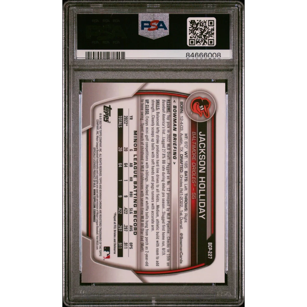Jackson Holliday Bowman 2023 Rookie Card in PSA slab for collectors