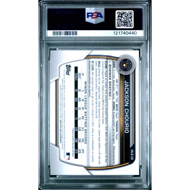Graded 2023 Topps Bowman Chrome National Jackson Chourio #38 Chrome Rookie RC Baseball Card PSA 10 Gem Mint