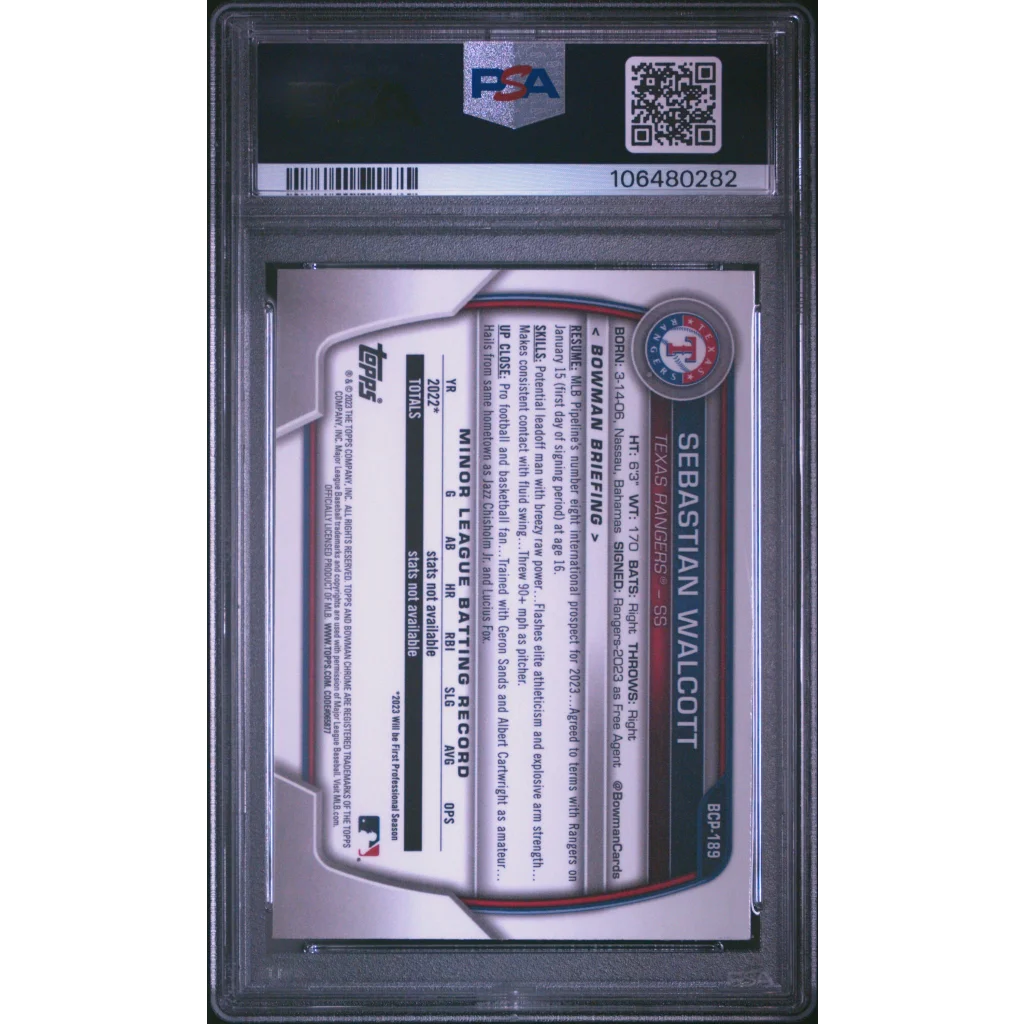 Graded 2023 Topps Bowman Chrome Sebastian Walcott #BCP189 Prospects Rookie RC Baseball Card PSA 10 Gem Mint | PSA 10 Gem Mint Graded Rookie Card | vintageantiquesgifts.com