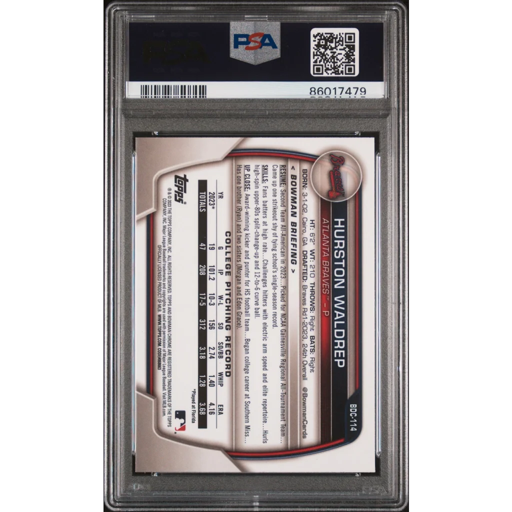 Graded 2023 Topps Bowman Draft Hurston Waldrep #BDC114 Chrome Purple /250 Rookie RC Baseball Card PSA 10 Gem Mint | PSA 10 Gem Mint Graded Rookie Card | vintageantiquesgifts.com