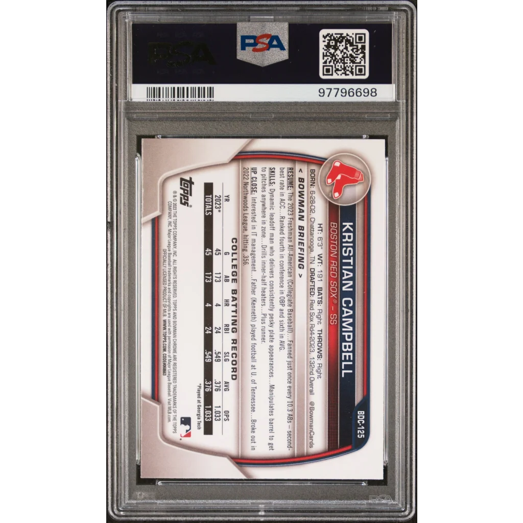 PSA 10 Graded 2023 Topps Bowman Draft Kristian Campbell Chrome Rookie RC Card